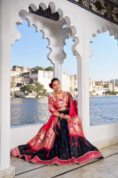 Black Jacquard Silk (Paithani) Fabric With Weaving Zari Work With Lace Touch Up Work With Batwa Lahenga