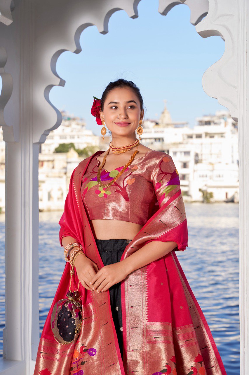 Black Jacquard Silk (Paithani) Fabric With Weaving Zari Work With Lace Touch Up Work With Batwa Lahenga