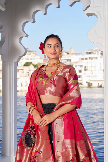 Black Jacquard Silk (Paithani) Fabric With Weaving Zari Work With Lace Touch Up Work With Batwa Lahenga