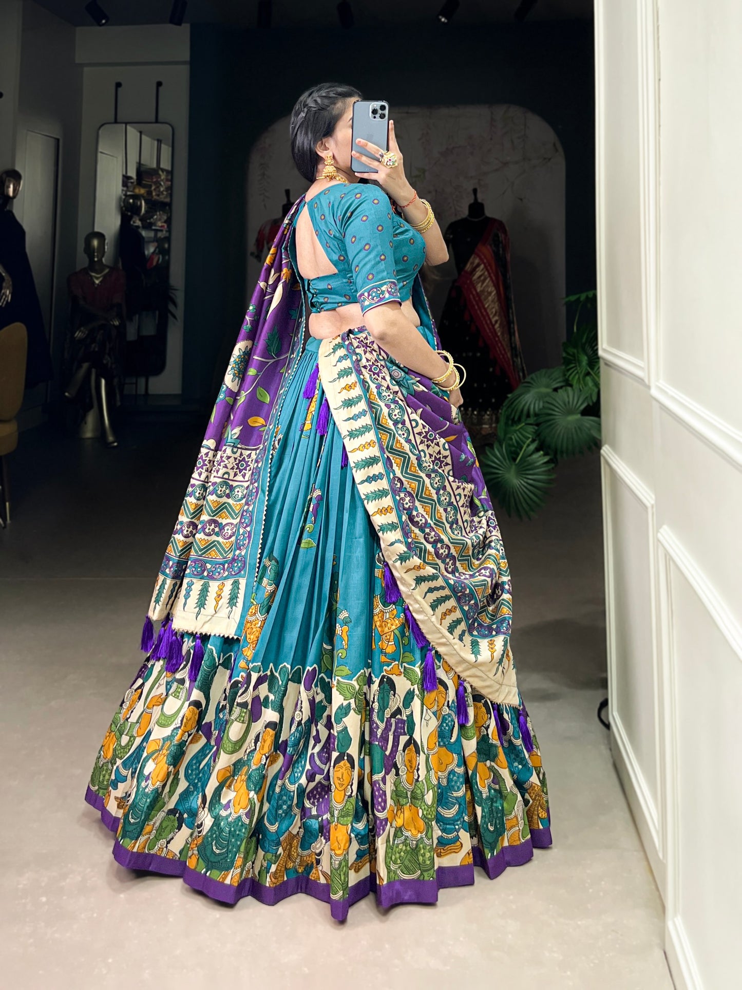 Beautiful Traditional Kalamkari Tasar Silk Charming Lehenga Choli