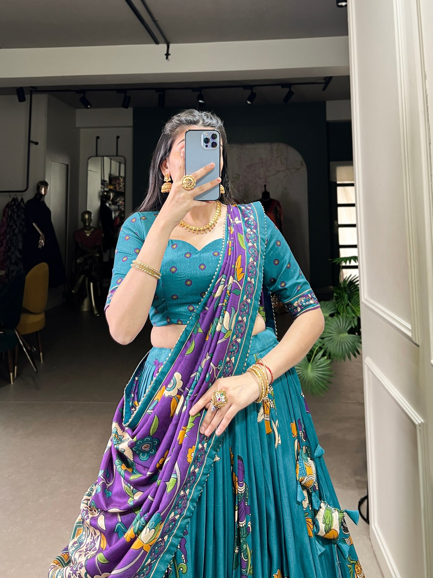 Beautiful Traditional Kalamkari Tasar Silk Charming Lehenga Choli