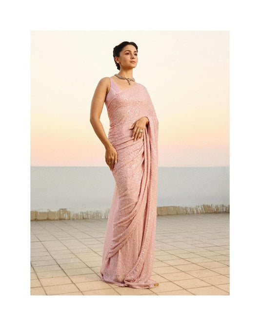 Beautiful Light Pink Faux Georgette Saree with Khichdi Sequence Work