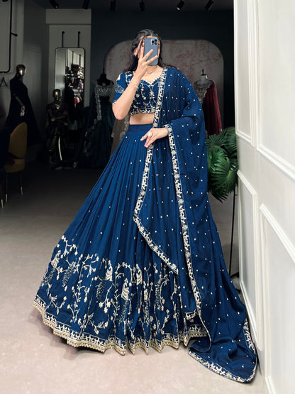 Blue colour Vichitra Silk and Sequins and Thread Embroidery Work With Lace Border lehenga with dupatta