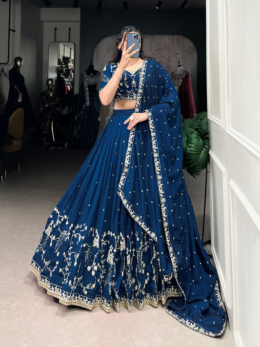 Blue colour Vichitra Silk and Sequins and Thread Embroidery Work With Lace Border lehenga with dupatta