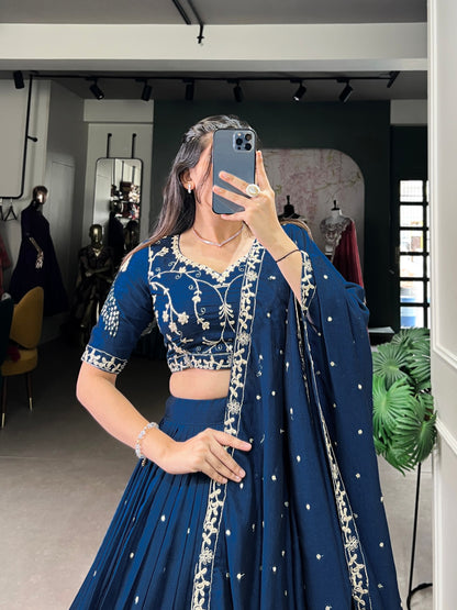 Blue colour Vichitra Silk and Sequins and Thread Embroidery Work With Lace Border lehenga with dupatta