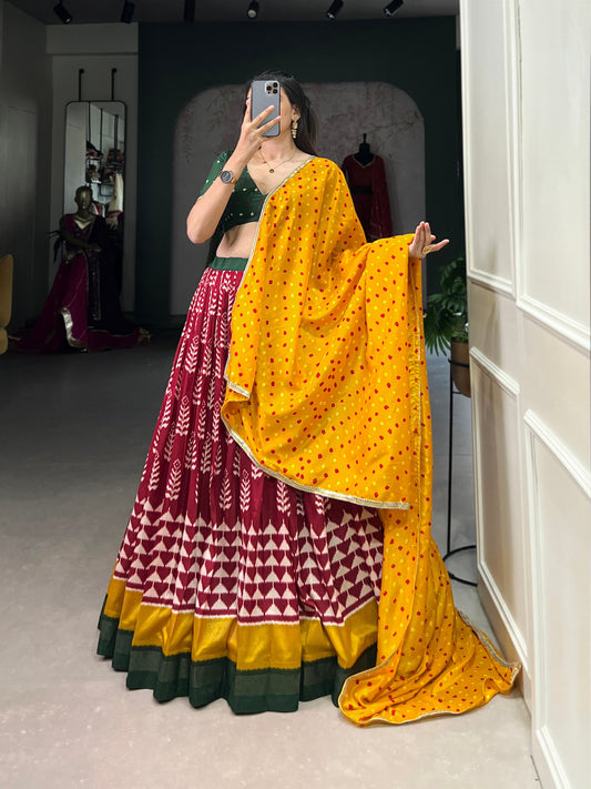 Yellow colour Tussar Silk and  Print With Foil Work lehenga with dupatta