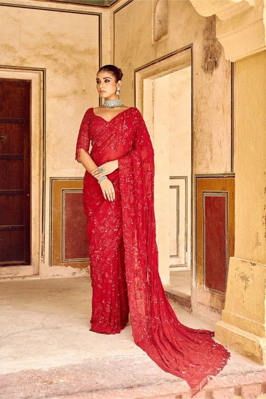 Luxury Red Georgette Saree with Intricate Embroidery for Weddings and Parties