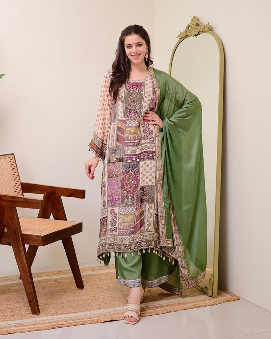 Green Crepe Handwork A Line Kodi Work Festive Suit