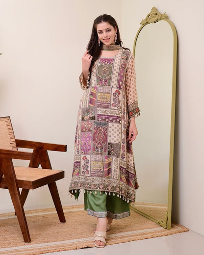 Green Crepe Handwork A Line Kodi Work Festive Suit