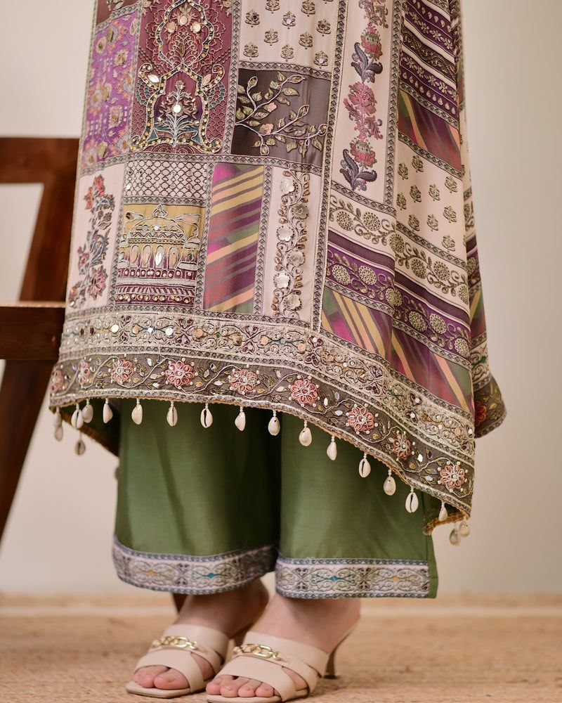 Green Crepe Handwork A Line Kodi Work Festive Suit