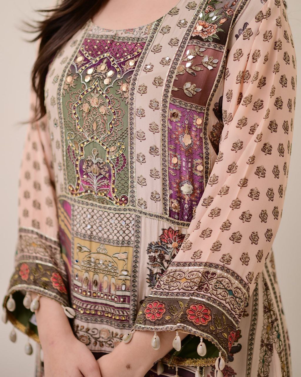 Green Crepe Handwork A Line Kodi Work Festive Suit