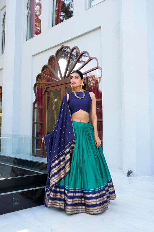 Blue colour Pure Chanderi and Plain With Zari Weaving Work Border lehenga and dupatta