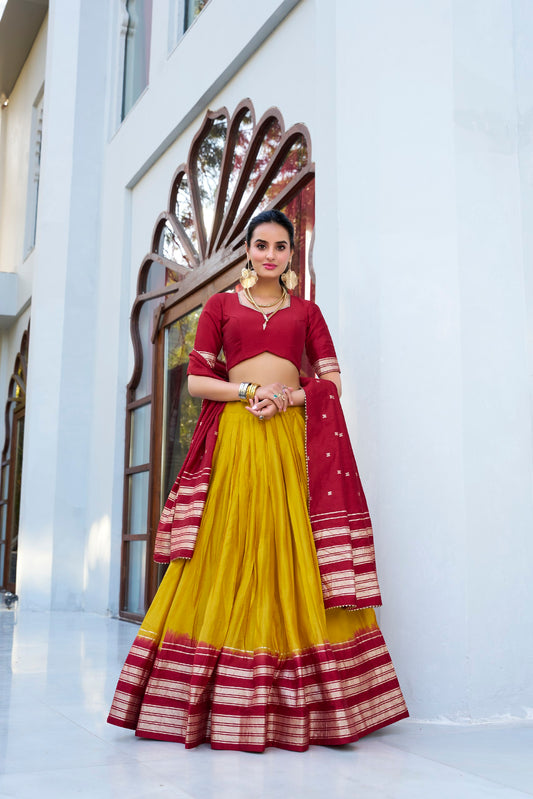 Yellow colour Pure Chanderi and Plain With Zari Weaving Work Border lehenga and dupatta
