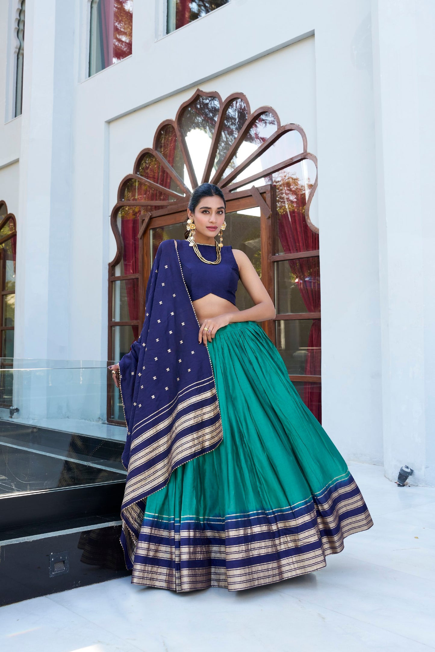 Blue colour Pure Chanderi and Plain With Zari Weaving Work Border lehenga and dupatta