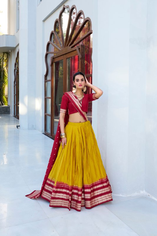 Yellow colour Pure Chanderi and Plain With Zari Weaving Work Border lehenga and dupatta