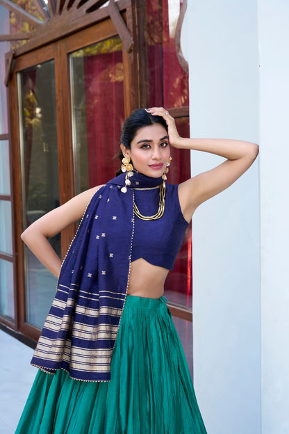 Blue colour Pure Chanderi and Plain With Zari Weaving Work Border lehenga and dupatta