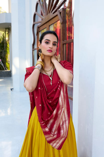 Yellow colour Pure Chanderi and Plain With Zari Weaving Work Border lehenga and dupatta