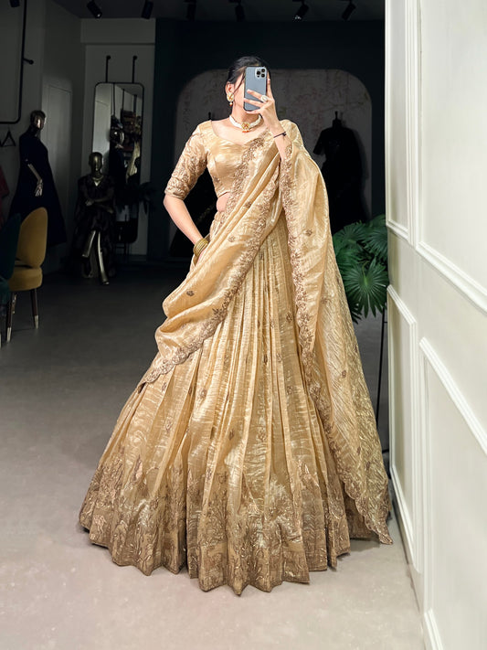 Gold colour Gold Crush and Sequins and Thread Embroidery Work  lehenga and dupatta