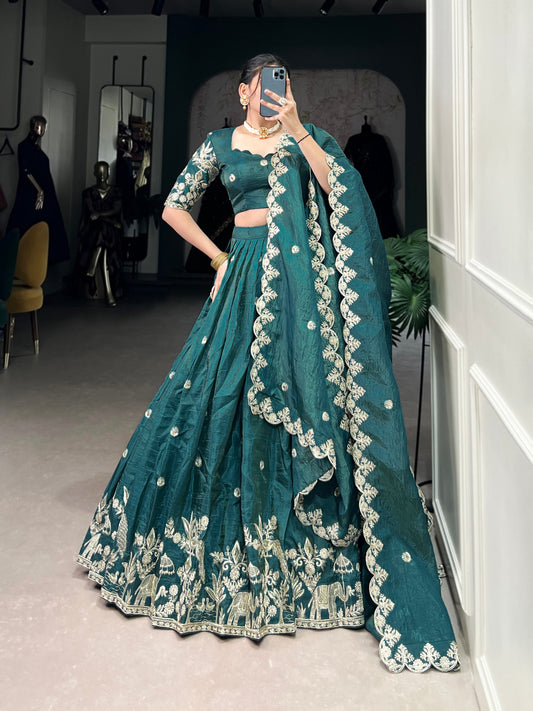 Teal colour Gold Crush and Sequins and Thread Embroidery Work lehenga and dupatta