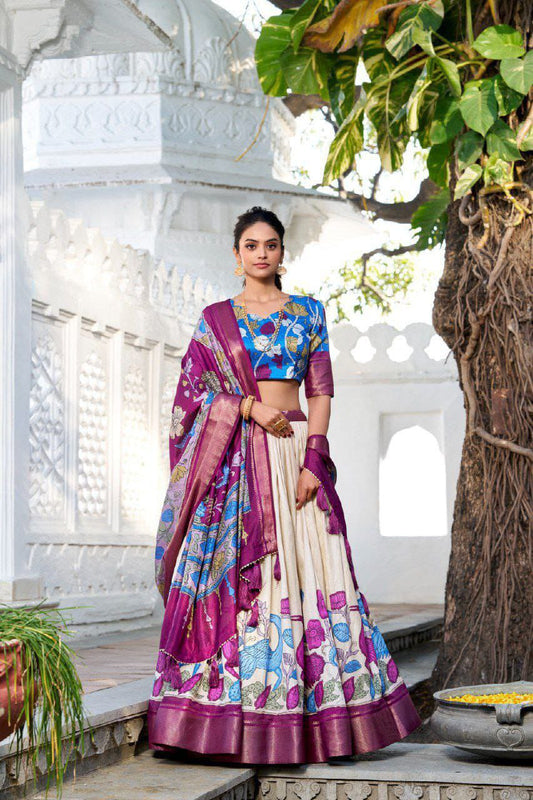 Women's Alluring Off-White Kalamkari Print Dola Silk Onam Special Lehenga Choli