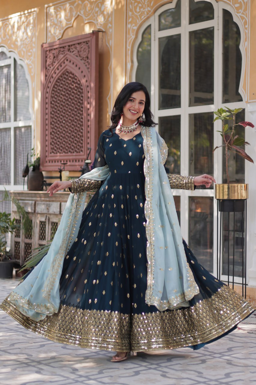 Blue Color Blooming Fabric with Embroidery Work Gown Set