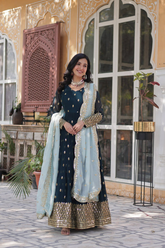 Blue Color Blooming Fabric with Embroidery Work Gown Set