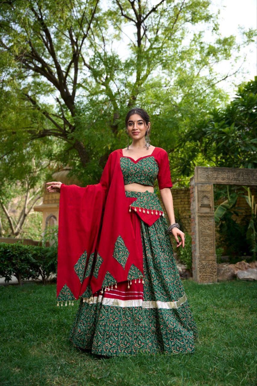 Navratri Collection - Beautifully Printed and Decorated lahenga with Genuine Mirror Work