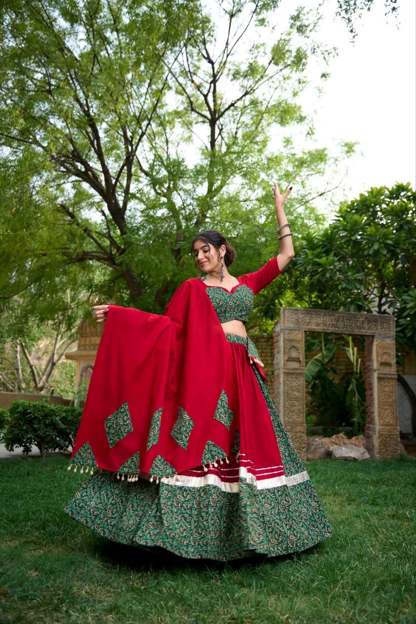 Navratri Collection - Beautifully Printed and Decorated lahenga with Genuine Mirror Work