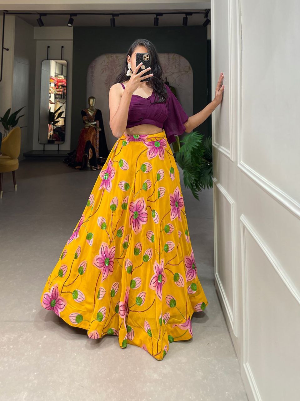 Latest Georgette Sequins Crop Top Lehenga Choli