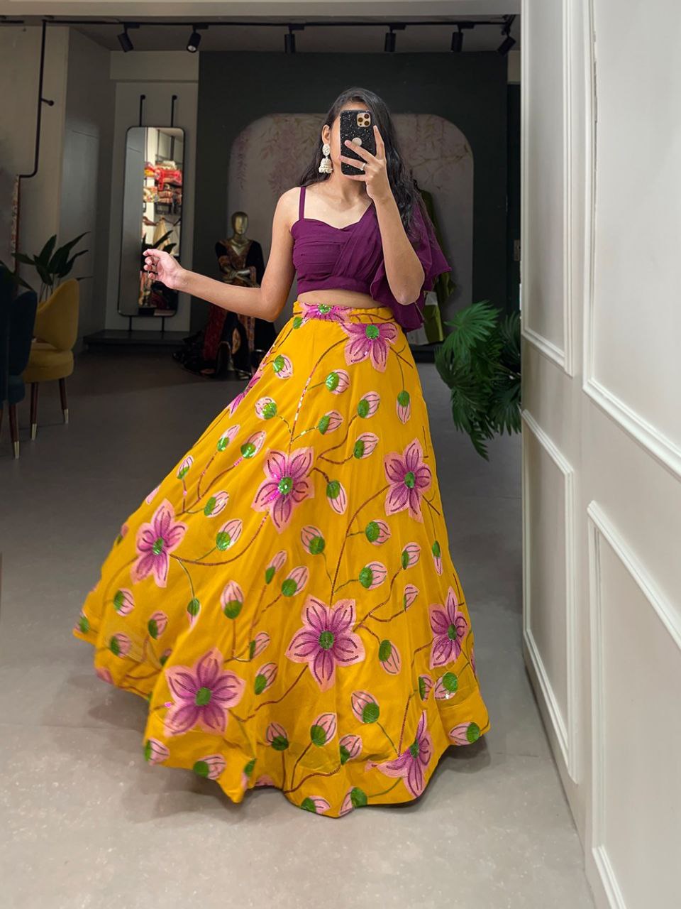 Latest Georgette Sequins Crop Top Lehenga Choli