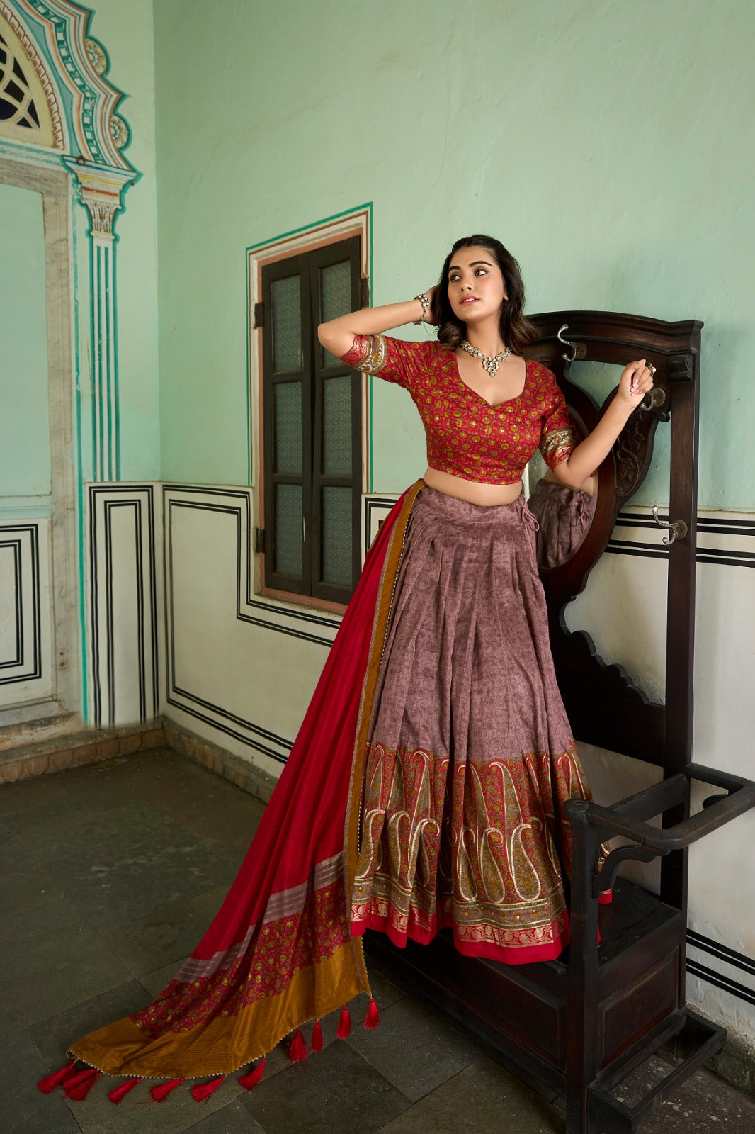Beautiful Kashmiri Print With Foil Print tussar silk lehenga choli FV1000