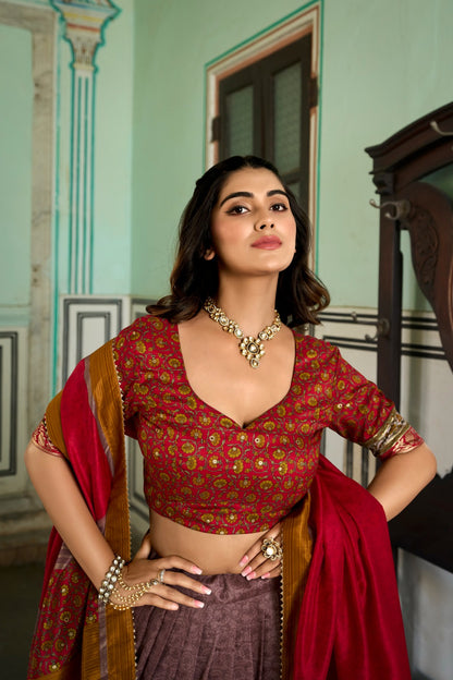Beautiful Kashmiri Print With Foil Print tussar silk lehenga choli FV1000