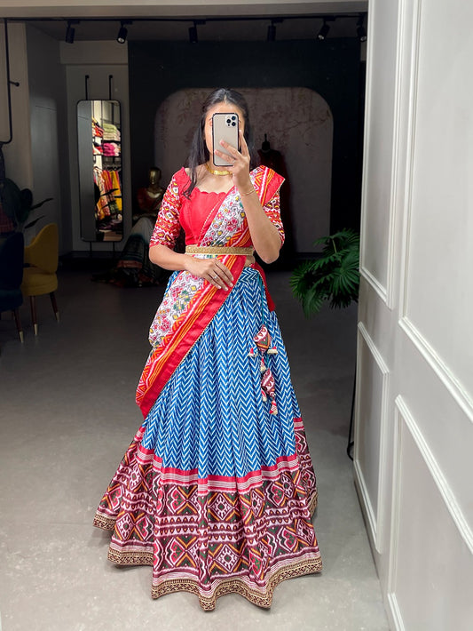 Lehenga Chinon and Laheriya-Patola Print and Sequins Embroidery Lace Border FV1004