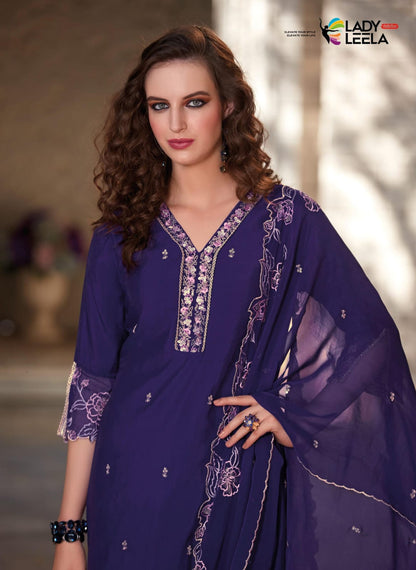 Beautiful purple color embroidery n handwork kurti with pants and dupatta. FV102