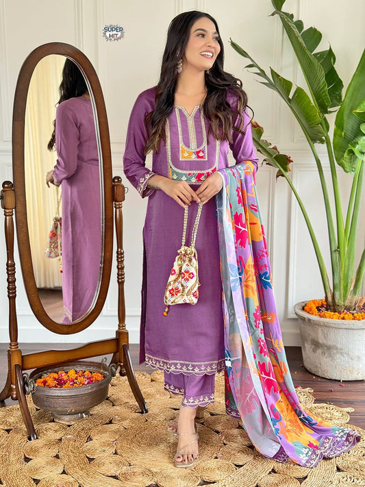 PURPEL COLOUR EMBROIDERY WORK KURTI WITH PRINTED DUPATTA