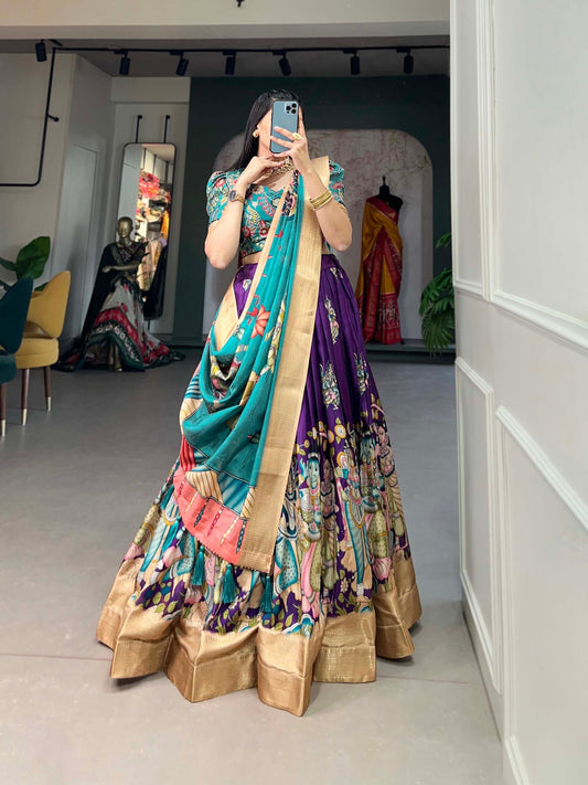 Wine And Rama Color Dola Silk Lehenga Choli With Dupatta