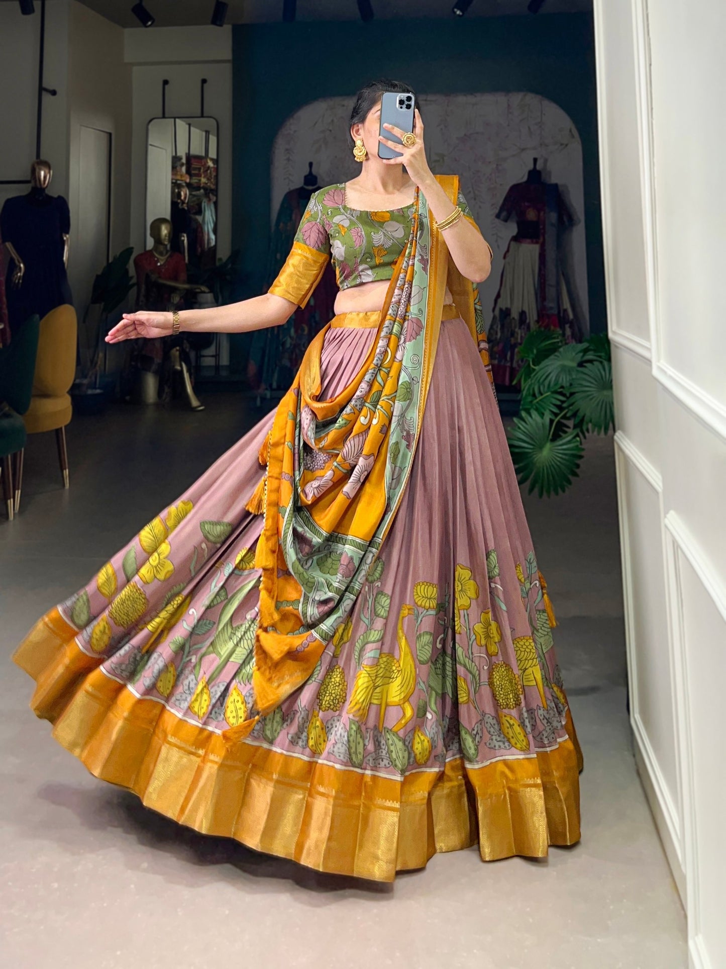 Mustered And Pink Color Dola Silk Lehenga Choli With Dupatta