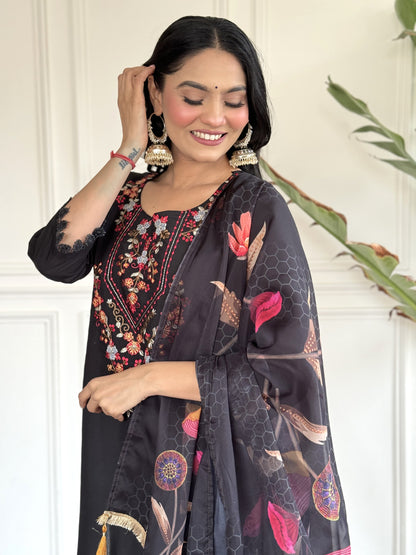 Black Color Viscose Fabric With Sequence Embroidery Work Kurti.