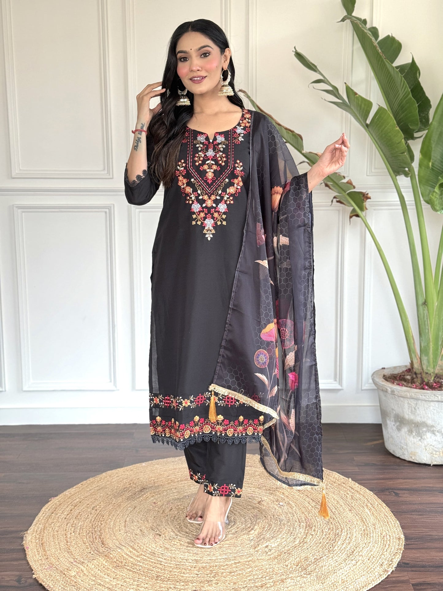 Black Color Viscose Fabric With Sequence Embroidery Work Kurti.