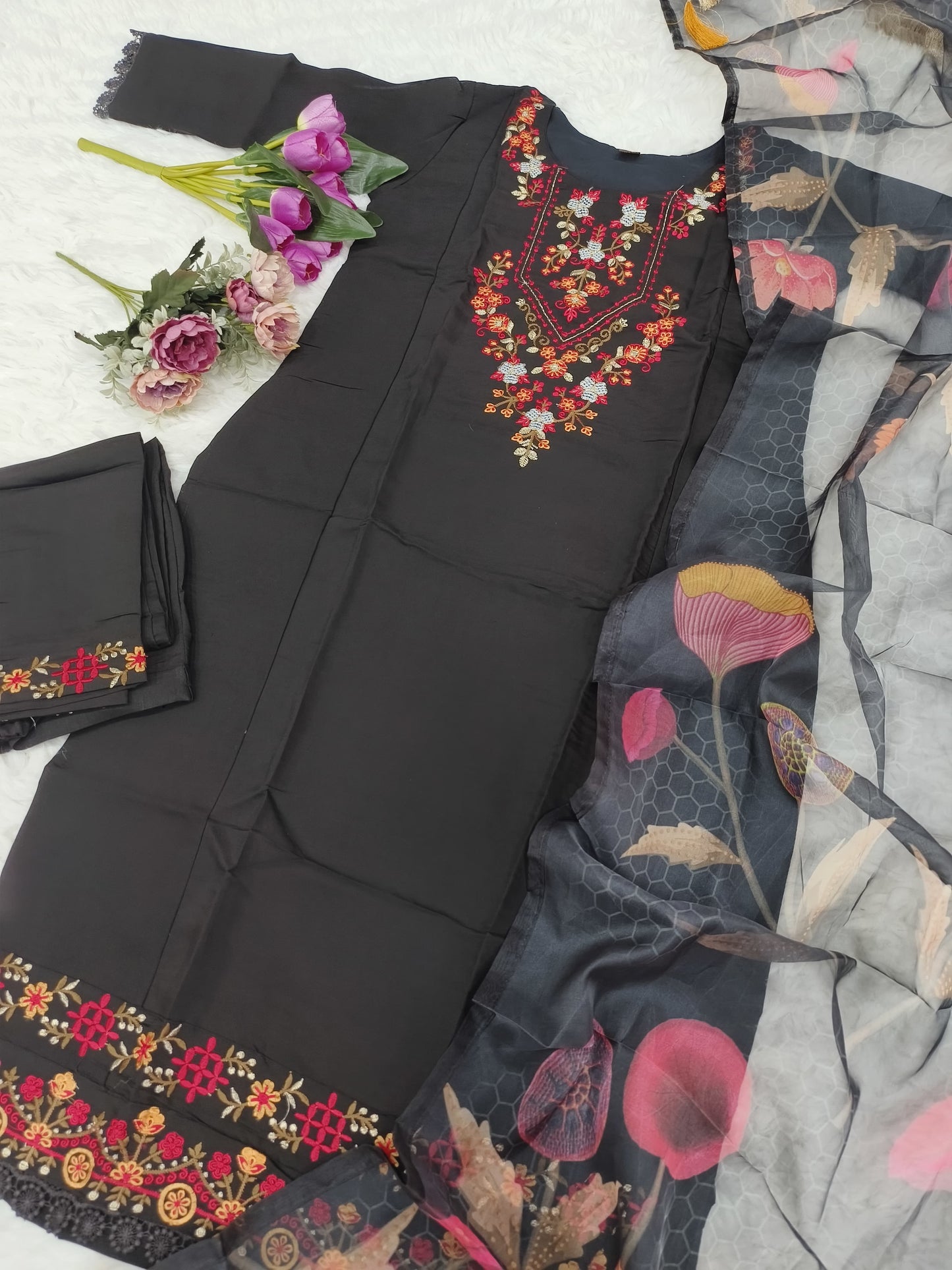 Black Color Viscose Fabric With Sequence Embroidery Work Kurti.