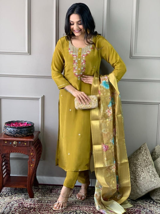 Mustered Color Viscose Fabric With Sequence Embroidery Work Kurta Set.