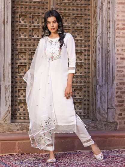 White Color Viscose Fabric With Sequence Embroidery Work Kurta Set.