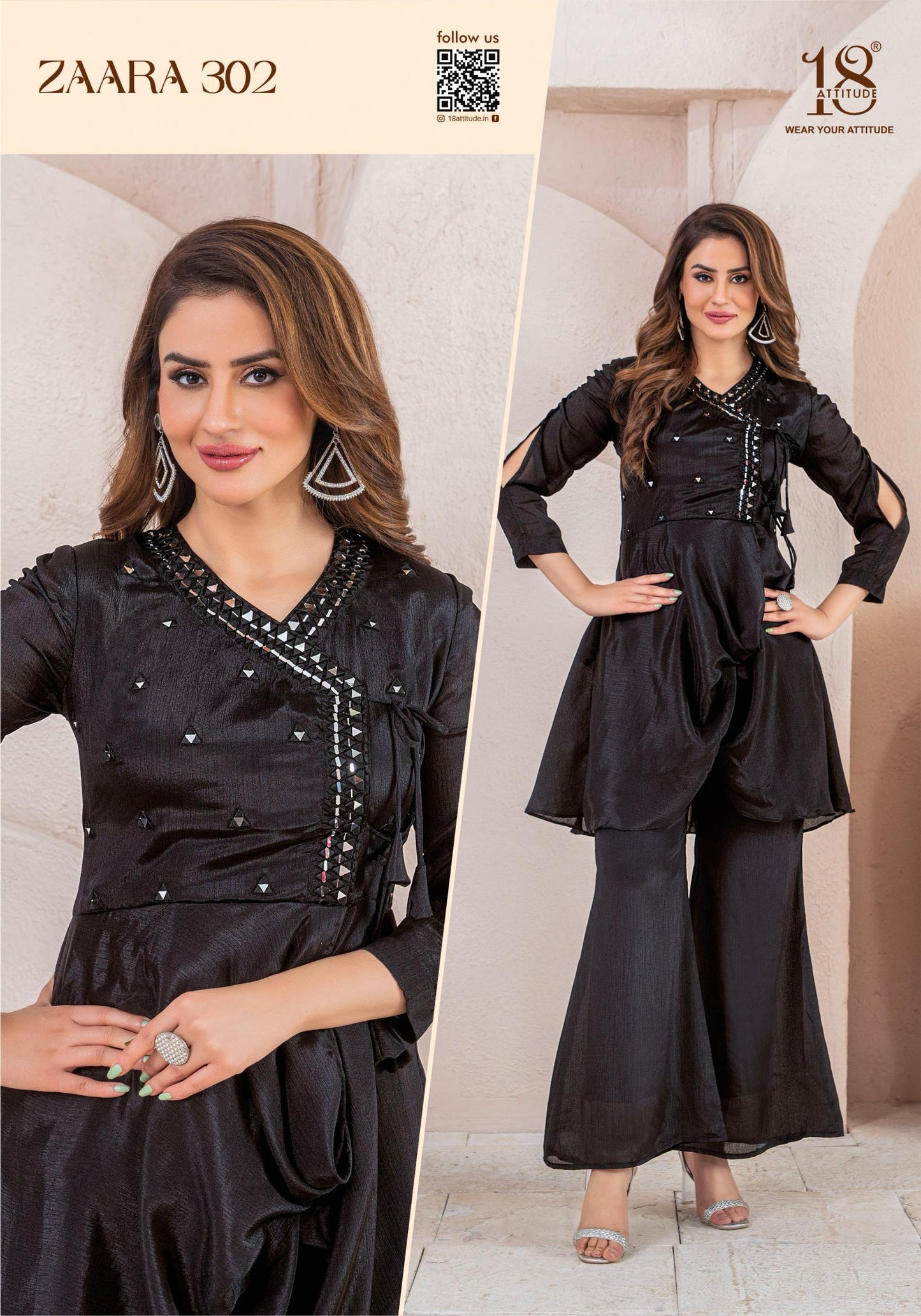 Black Color Pure Chinnon Fabrics With Mirror Work Cordsets.