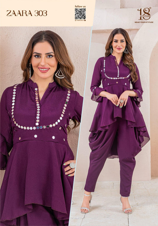 Purple Color Pure Chinnon Fabrics With Mirror Work Cordsets.