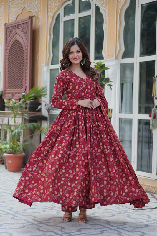 Red Cotton Gown Set with Pant & Dupatta – Pure Cotton Comfort and Style