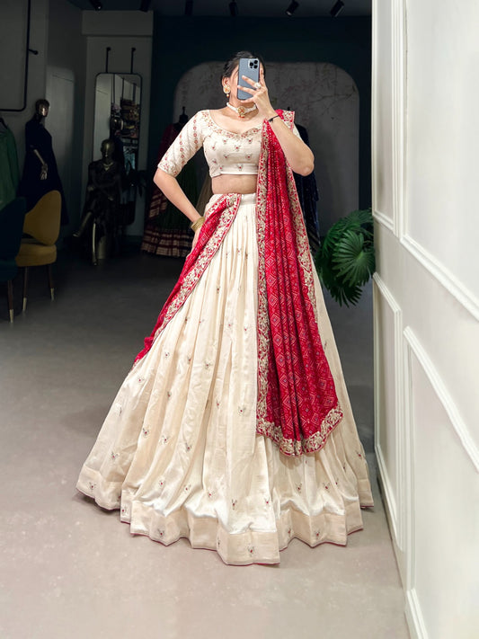 White Vichitra Silk Lehenga with Sequins & Thread Embroidery – Bridal Set with Dupatta