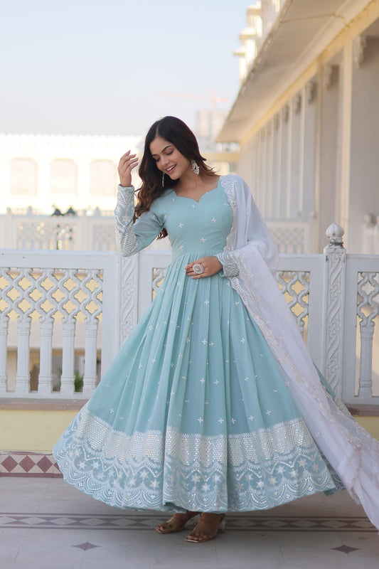 Sky Blue Faux Georgette Gown with Thread & Sequins Embroidery – Elegant Gown with Dupatta
