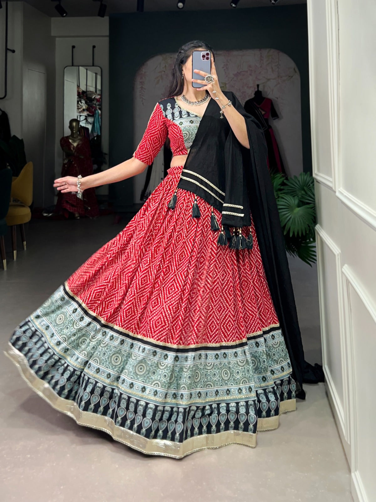 Trendy Red Rayon Lehenga with Bandhej & Ajrakh Print, Embossed Design and Gota Lace – Comes with Matching Dupatta