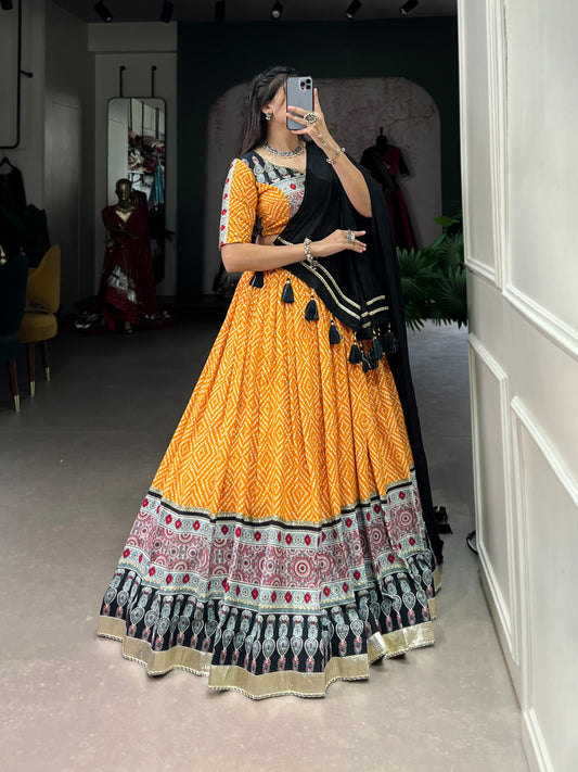 Trendy Yellow Rayon Lehenga with Bandhej & Ajrakh Print, Embossed Design and Gota Lace – Comes with Matching Dupatta