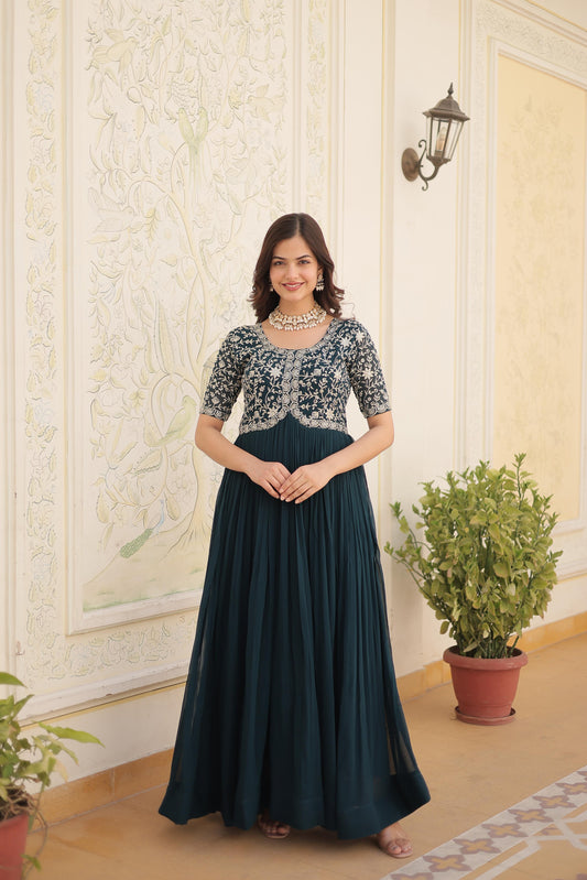Dark Teal Green Faux Blooming Gown with Zari, Sequins & Embroidery Work – Elegant Ethnic Wear